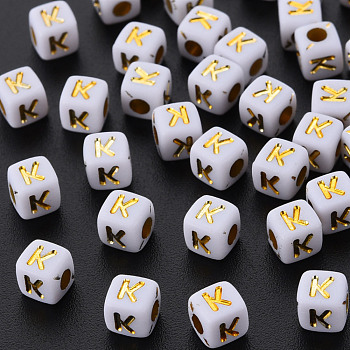 Opaque White Acrylic Beads, Metal Enlaced, Cube with Letters, Letter.K, 4.5mm, Hole: 2mm, about 5000pcs/500g