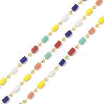 Brass & Glass Link Chain, with Spool, Long-Lasting Plated, Cadmium Free & Lead Free, Soldered, Real 18K Gold Plated, Mixed Color, 4.5x2.5x2.5mm(CHC-A009-04G-01)