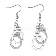 Dangle Earrings, with 304 Stainless Steel Earring Hooks, Interlocking Clasps and Open Jump Rings, Handcuffs Shape with Word Freedom, Antique Silver & Stainless Steel Color, 56mm(EJEW-JE03859-02)