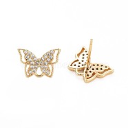 Brass Micro Pave Clear Cubic Zirconia Stud Earring Findings, Nickel Free, Butterfly, Real 18K Gold Plated, 8.5x12mm, Hole: 1.4mm, Pin: 0.6mm(KK-S360-182)