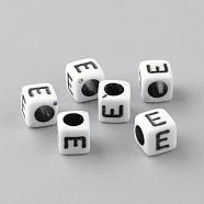 Opaque Acrylic Beads, Letter Style, Cube, Letter.E, 6x6x6mm, Hole: 3mm, about 3000pcs/500g(SACR-Q188-02E)