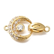 Brass Micro Pave Clear Cubic Zirconia Fold Over Clasps, Moon, Real 18K Gold Plated, 26.5mm(KK-K389-127G)