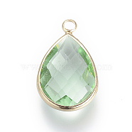 Glass Pendants, with Brass Findings, Faceted, Drop, Light Gold, Medium Sea Green, 18x10.5x4.5mm, Hole: 1.8~2.3mm(X-GLAA-S110-B-02)