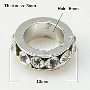 Brass Rhinestone Spacer Beads, Grade A, Platinum Metal Color, Crystal, 10x3mm, Hole: 6mm(RB-H253-10x3mm-01)