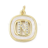 Rack Plating Brass Micro Pave Clear Cubic Zirconia Pendants, with Shell, Cadmium Free & Lead Free, Long-Lasting Plated, Real 18K Gold Plated, with Jump Ring, Letter N, 17.5x15x2.5mm, Hole: 3mm(KK-E102-33G-N)