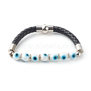 Handmade Lampwork Evil Eye Beaded Bracelets, with Cowhide Leather Cord, Brass Rhinestone Spacer Beads and Magnetic Clasp, White, 7-1/2 inch(19cm)(BJEW-JB06379-03)