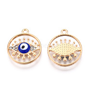Rack Plating Alloy Enamel Pendants, with Crystal Rhinestone, Cadmium Free & Nickel Free & Lead Free, Flat Round with Evil Eye Charms, Blue, 21.5x18.5x2.5mm, Hole: 1.6mm(PALLOY-T077-217)