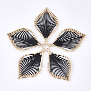 Cotton Thread Woven Pendants, with Alloy Findings, Leaf, Golden, Black, 43x26.5x2mm, Hole: 1.8mm(FIND-S306-03A)