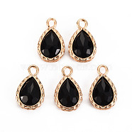 Glass Pendants, with Brass Findings, Faceted, Teardrop, Light Gold, Black, 15x9x4.5mm, Hole: 1.8~2mm(GLAA-S193-003F)