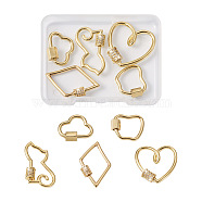 5Pcs 5 Styles Brass Screw Carabiner Lock Charms, with Clear Cubic Zirconia, for Necklaces Making, Rhombus & Cat & Heart, Mixed Shapes, Golden, 15.5~30.5x19~27x2~4mm, 1pc/style(KK-FW0001-12)