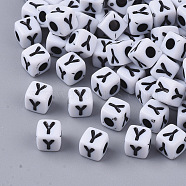 White Opaque Acrylic Beads, Horizontal Hole, Cube with Black Alphabet, Letter.Y, 4~5x4~5x4~5mm, Hole: 1.8mm, about 6470~6500pcs/500g(MACR-R869-02Y)