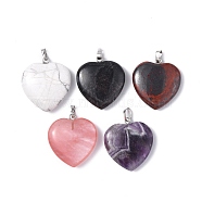 Natural & Synthetic Mixed Gemstone Pendants, Heart Charms, with Platinum Tone Brass Findings , 28x25x5.5~7mm, Hole: 5x3.5mm(G-G956-B66)