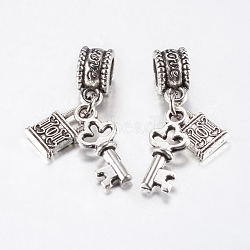 Tibetan Style Alloy European Dangle Charms, Large Hole Pendants, Key with Lock, Antique Silver, 28mm, Pendant: 11~16.5x7x2~3.5mm, Hole: 4.5mm(PALLOY-F199-21AS)