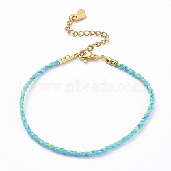 Cotton Braided Cord Bracelets, with Golden Plated 304 Stainless Steel Heart Charms & Lobster Claw Clasps, Sky Blue, 8-1/8 inch(20.5cm)(BJEW-JB05671-02)