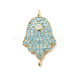 Religion Brass Micro Pave Cubic Zirconia Connector Charms, Hamsa Hand Links, Real 18K Gold Plated, Long-Lasting Plated, Rack Plating, Lead Free & Cadmium Free, Deep Sky Blue, 20x12x3mm, Hole: 1.2mm(KK-H529-01A-G01)
