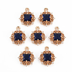 Rack Plating Brass Micro Pave Clear Cubic Zirconia Pendants, with Faceted Glass, Long-Lasting Plated, Cadmium Free & Lead Free, Flat Round, Dark Blue, 16.5x14x5mm, Hole: 1.2mm(KK-T060-61G-RS)