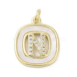 Rack Plating Brass Micro Pave Clear Cubic Zirconia Pendants, with Shell, Cadmium Free & Lead Free, Long-Lasting Plated, Real 18K Gold Plated, with Jump Ring, Letter N, 17.5x15x2.5mm, Hole: 3mm(KK-E102-33G-N)