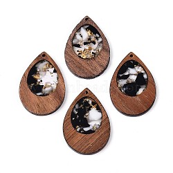Wood & Resin Pendant, with Gold Foil, Teardrop Charms, Black, 38x25.5x3mm, Hole: 2mm(WOOD-H104-23-04)