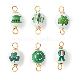 Saint Patrick's Day Printed Wood Connector Charms, Golden Tone Copper Wire Wrapped Round Links, Green, 30x15~16mm, Hole: 4.2mm(PALLOY-JF02233)