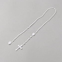 Plastic Rosary Bead Necklaces, Cross Pendant Necklace, White, 27.76 inch(70.5cm)(NJEW-WH0024-05E)