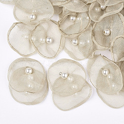 Organza Fabric Pendants, with Iron Findings and ABS Plastic Imitation Pearl, Light Gold, Pale Goldenrod, 40~55x43~53mm, Hole: 2mm(X-FIND-S303-02M)