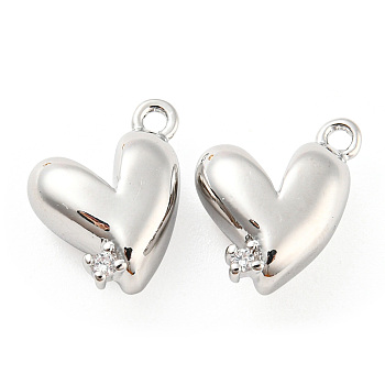 Brass Micro Pave Cubic Zirconia Charms, Heart, Real Platinum Plated, 10x8.5x4mm, Hole: 1mm