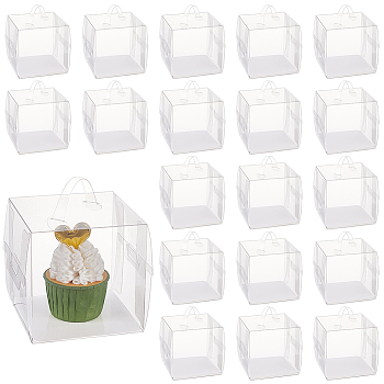 Foldable Transparent Plastic Single Cake Gift Packing Box, Bakery Cake Cupcake Box Container, with Handle and Paper, Square, Clear, Finish Product: 11x11x11cm