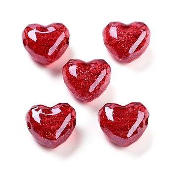 UV Plating Acrylic European Beads, Christmas Theme, Glitter Powder, Heart, FireBrick, 20x22x14mm, Hole: 4mm