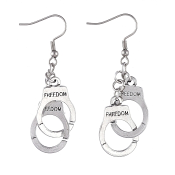 Dangle Earrings, with 304 Stainless Steel Earring Hooks, Interlocking Clasps and Open Jump Rings, Handcuffs Shape with Word Freedom, Antique Silver & Stainless Steel Color, 56mm
