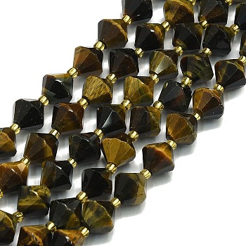 Natural Tiger Eye Beads Strands, Faceted, Bicone, 10~10.5x10~10.5mm, Hole: 1mm, about 30~32pcs/strand, 15.16~15.35''(38.5~39cm)