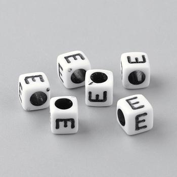 Opaque Acrylic Beads, Letter Style, Cube, Letter.E, 6x6x6mm, Hole: 3mm, about 3000pcs/500g