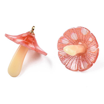Plastic Pendants, with Acrylic and Golden Plated Brass Loops, Mushroom, Orange Red, 23x17~18mm, Hole: 1.5mm