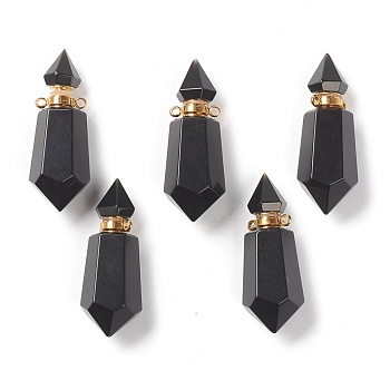 Faceted Natural Black Agate Pendants, Openable Perfume Bottle, with Golden Tone Brass Findings, Dyed & Heated, 39~42x14~16x13~14mm, Hole: 2mm, capacity: 1ml(0.03 fl. oz)