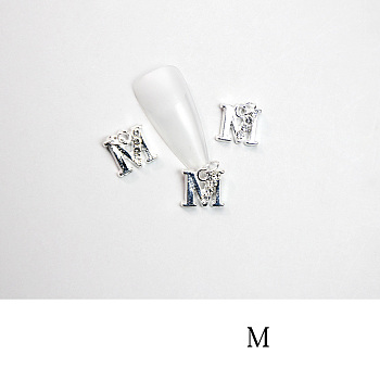 Alloy Rhinestone Cabochons, Nail Art Decoration Accessories, with Jump Ring, Letter, Platinum, Letter.M, 11~14x5~12mm