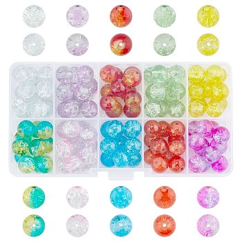 Spray Painted Transparent Crackle Glass Beads Strands, Round, Mixed Color, 10mm, Hole: 1.3mm, about 100~105pcs/box