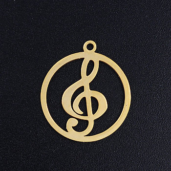 201 Stainless Steel Filigree Charms, Flat Round with Musical Note, Golden, 22.5x19.5x1mm, Hole: 1.5mm