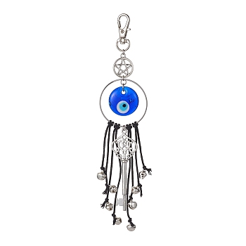 Key Alloy & Glass Evil Eye Pendants Decoraiton, with Brass Bell Charms and Alloy Swivel Lobster Claw Clasps, for Home Decoraiton, Antique Silver, 180mm