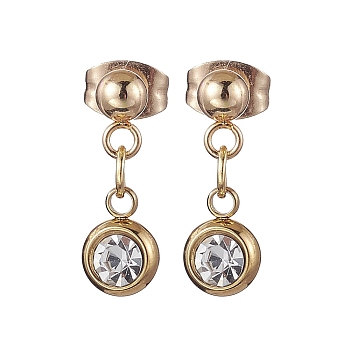 Flat Round 201 Stainless Steel Rhinestone Stud Dangle Earrings for Women, with 304 Stainless Steel Pin, Flat Round, Golden, 17x5.5mm