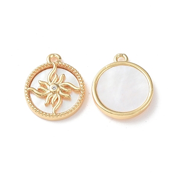 Brass Micro Pave Clear Cubic Zirconia Flat Round Charms, with Shell, Real 18K Gold Plated, 14.5x12.5x2.5mm, Hole: 1mm