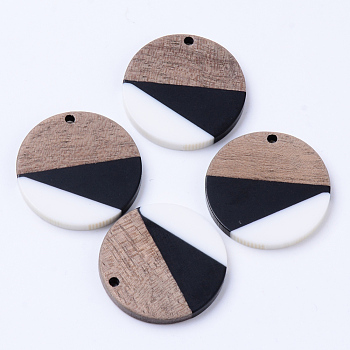 Resin & Walnut Wood Pendants, Flat Round, Creamy White, 28x3mm, Hole: 2mm