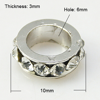 Brass Rhinestone Spacer Beads, Grade A, Platinum Metal Color, Crystal, 10x3mm, Hole: 6mm
