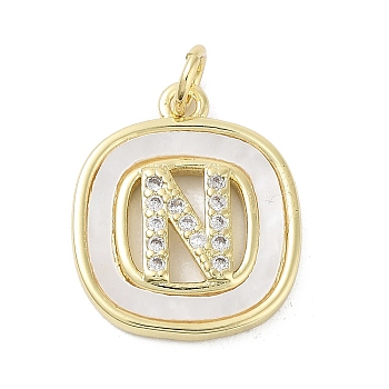 Rack Plating Brass Micro Pave Clear Cubic Zirconia Pendants, with Shell, Cadmium Free & Lead Free, Long-Lasting Plated, Real 18K Gold Plated, with Jump Ring, Letter N, 17.5x15x2.5mm, Hole: 3mm