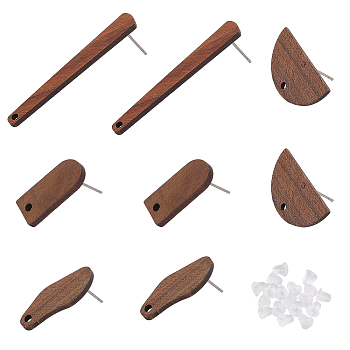 8 Pairs 4 Style Oval & Arch & Half Round Walnut Wood Stud Earring Findings, with Hole and 304 Stainless Steel Pins and 20Pcs Plastic Ear Nuts, Saddle Brown, 13~42.5x5.5~26mm, Hole: 1.8~2mm, Pin: 0.7mm, 2 Pair/style