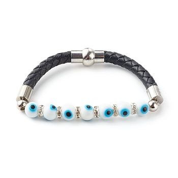 Handmade Lampwork Evil Eye Beaded Bracelets, with Cowhide Leather Cord, Brass Rhinestone Spacer Beads and Magnetic Clasp, White, 7-1/2 inch(19cm)
