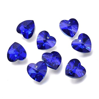 Faceted Glass Charms, Heart, Back Plated, Blue, 14x14x7.5mm, Hole: 1.4mm