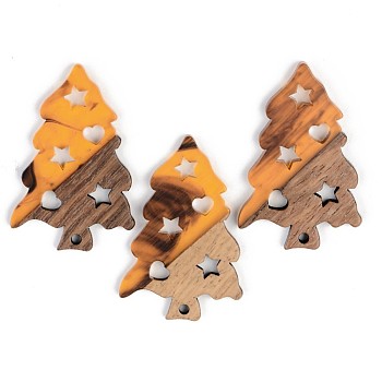 Resin & Walnut Wood Pendants, Christmas Tree, Orange, 40x26.5x3mm, Hole: 2mm