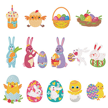 DIY Diamond Painting Sticker Kits, including Self Adhesive Sticker, Resin Rhinestones, Diamond Sticky Pen, Tray Plate and Glue Clay, Mixed Shapes, Easter Theme Pattern, 52~66x39~51mm, 14 patterns, 1pc/pattern, 14pcs