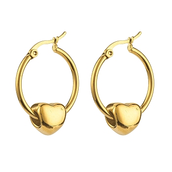 Heart Beaded Hoop Earrings for Girl Women, Golden, 34x24mm, Pin: 0.9~1.4mm