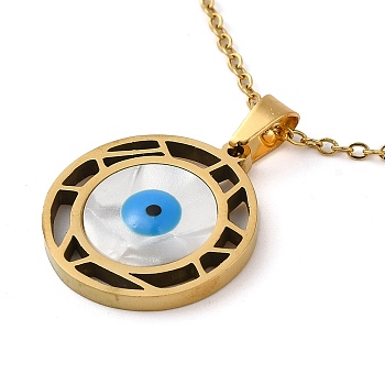 Evil Eye Natural Shell with Enamel Pendant Necklaces, with 304 Stainless Steel Cable Chains, Golden, 15.94 inch(40.5cm)