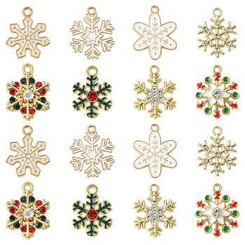 16Pcs 8 Styles Alloy Enamel with Rhinestone Pendants, Christmas, Snowflake, Mixed Color, 19.5~22x14.5~16.5x1.5~3.5mm, Hole: 1.6~2mm, 2pcs/style